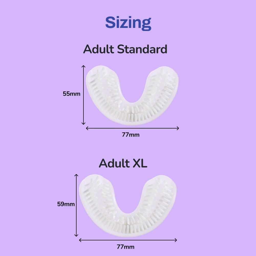 Autobrush U-shaped silicone brush heads in adult standard and XL sizes with dimensions on purple background