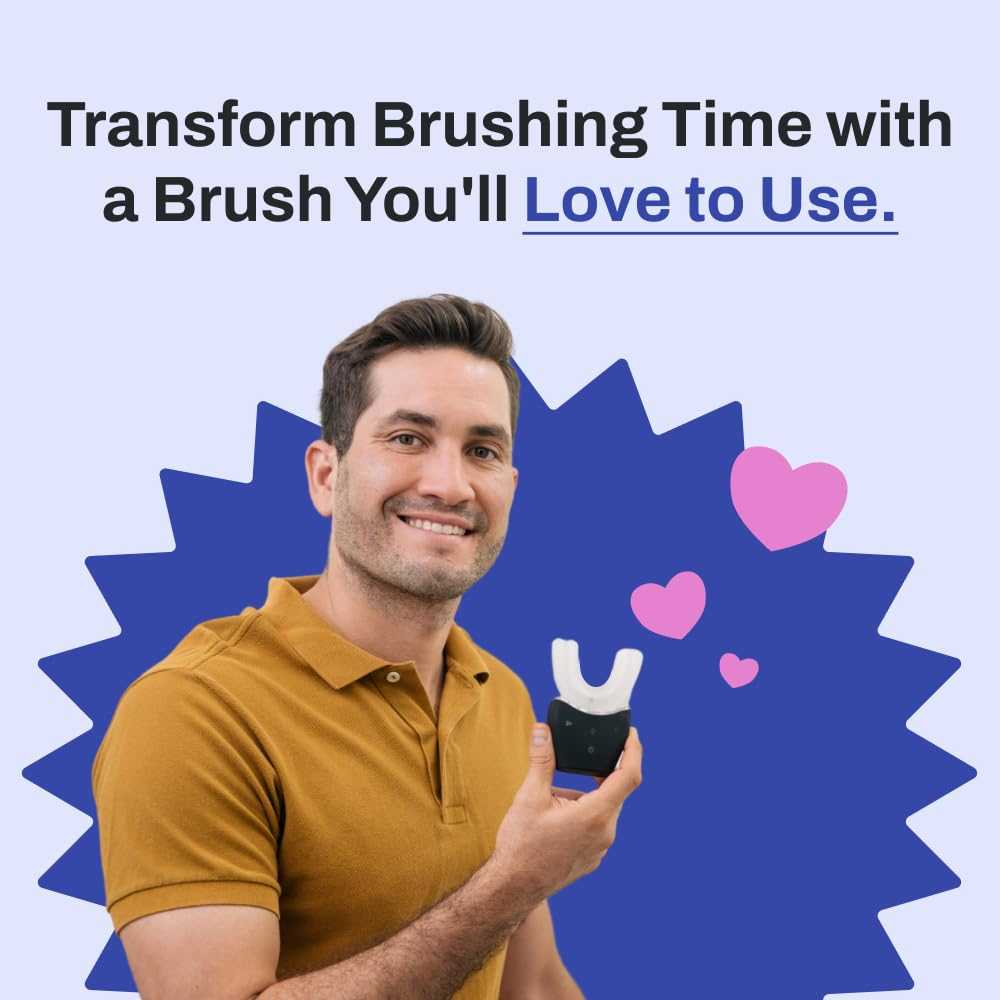Man holding Autobrush Sonic Pro U-shaped electric toothbrush smiling against blue background with text about transforming brushing time