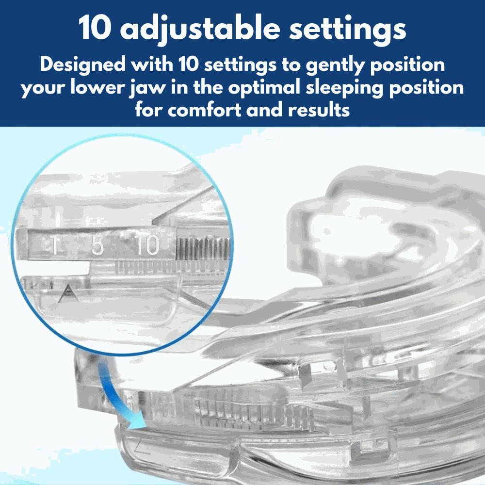 Transparent adjustable mouth guard with 10 settings for optimal jaw positioning and comfort during sleep