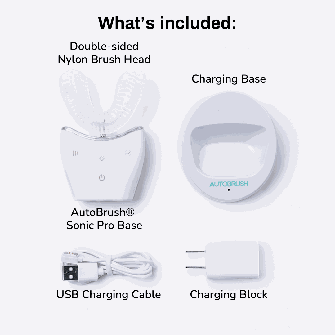 Autobrush Sonic Pro electric toothbrush kit with double-sided nylon brush head, charging base, USB cable, and charging block